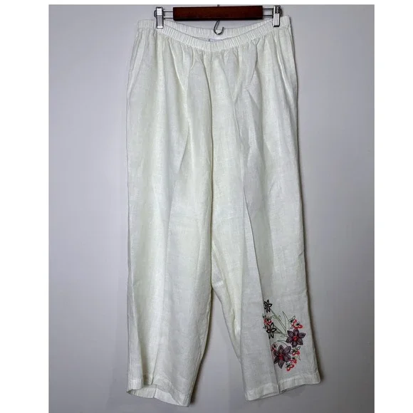 Hot Cotton Woman 1X Linen Pants Cream Floral Embroidered Pull On Cropped Elastic - Picture 1 of 8